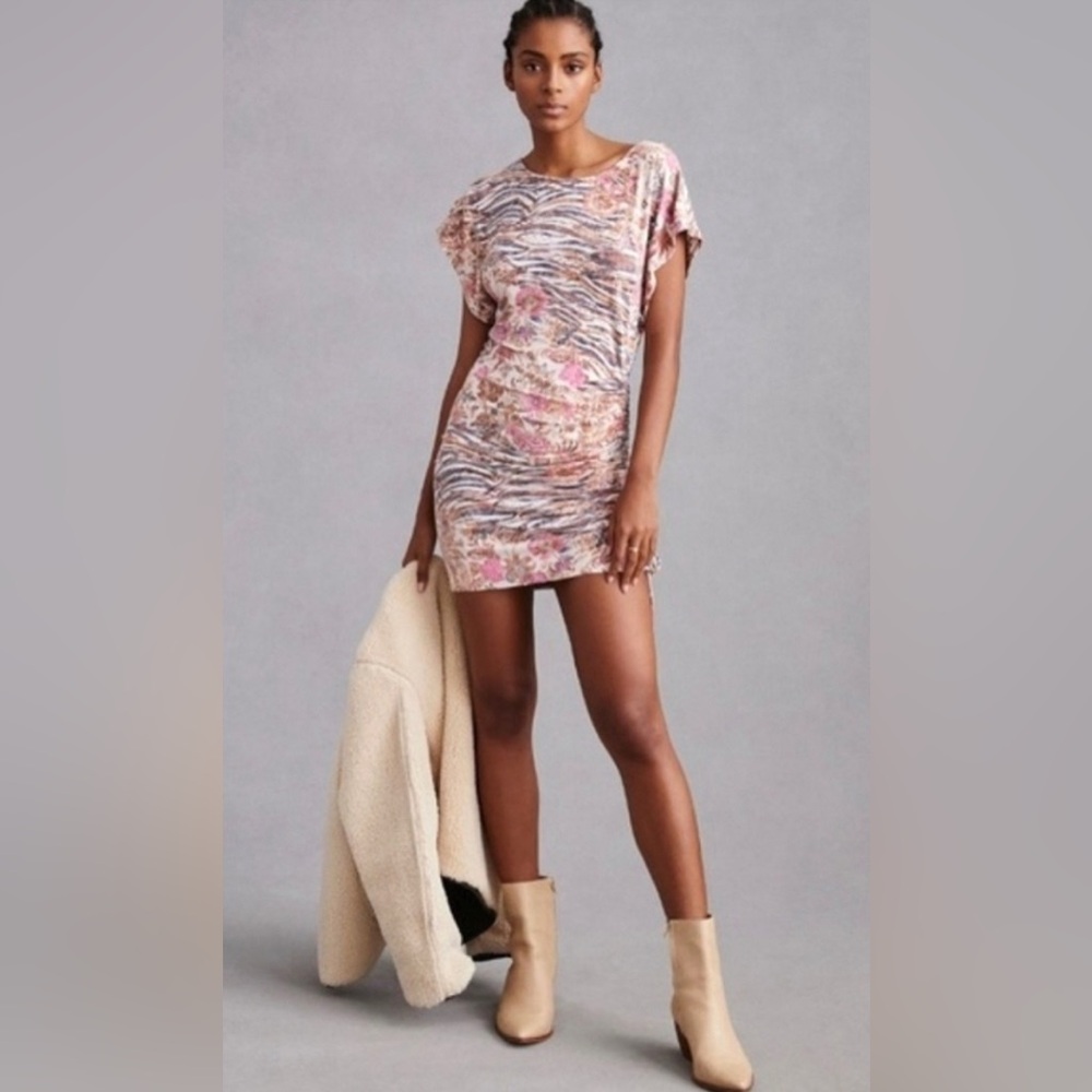 ANTHROPOLOGIE - DAILY PRACTICE Floral and Animal Print Ruched Dress